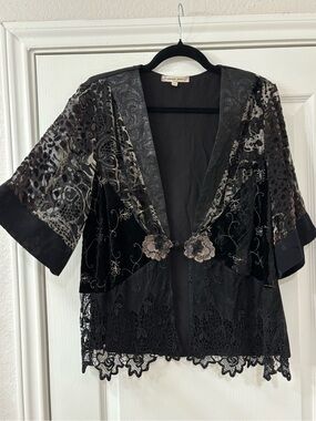 Black Embroidered Lace & Velvet Kimono Blouse